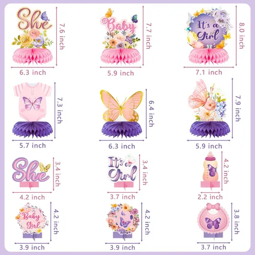 Miniatura 2 de JAPBOR 12 centros de mesa de mariposa para baby shower, fiesta de panal de abeja, decoraciones moradas y rosas para fiesta de revelación de género