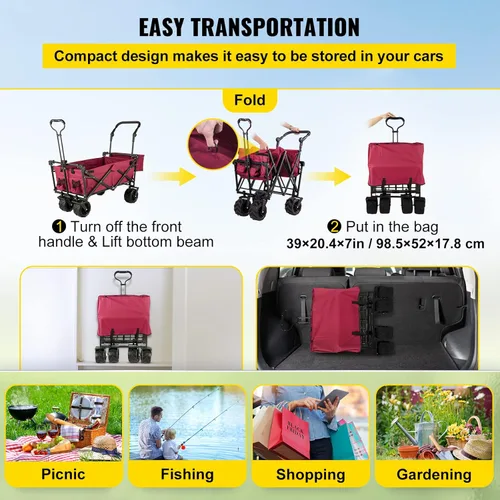 Miniatura 5 de Happbuy Vagón Plegable con Toldo Extraíble, 220lbs Vagón de Playa Plegable de Servicio Pesado con Ruedas Grandes Rojo
