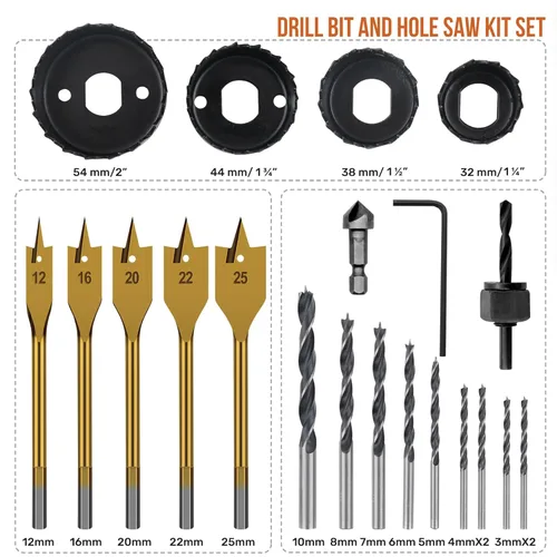 Miniatura 2 de Hi-Spec Juego de 21 piezas de sierras de agujero para madera, puntas de clavo y brocas de pala. Accesorios de herramientas de perforación DIY