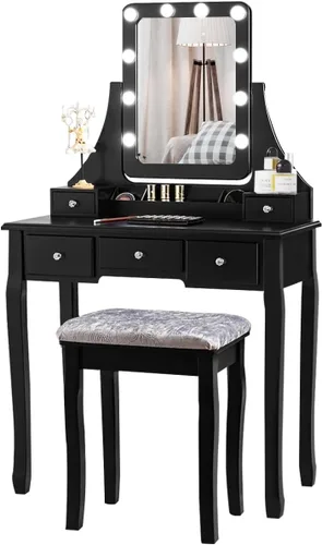 Miniatura 10 de DORTALA Juego de mesa de tocador con espejo rectangular de 360 grados y taburete acolchado, mesa de maquillaje con 10 bombillas LED regulables