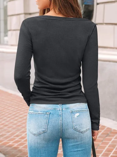 Miniatura 4 de Kissfix Camisas de manga larga para mujeres otoño invierno tops Henley casuales de negocios blusas acanaladas atuendos modernos para citas nocturnas