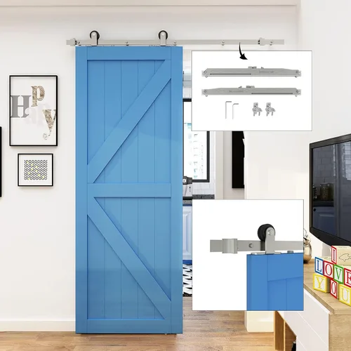 Miniatura 9 de JUBEST Kit de herrajes para puerta corrediza de granero de níquel satinado, kit de riel plano de una sola puerta, rodillo montado en la parte