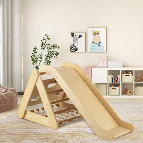 Miniatura 8 de Costzon Juguete de escalada 4 en 1 para niños pequeños, trepador de triángulo de madera Montessori de 3 lados con rampa deslizante, red de escalada