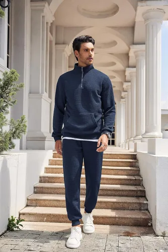 Miniatura 4 de COOFANDY Conjunto deportivo de 2 piezas para hombre, ajuste relajado, con media cremallera, para correr