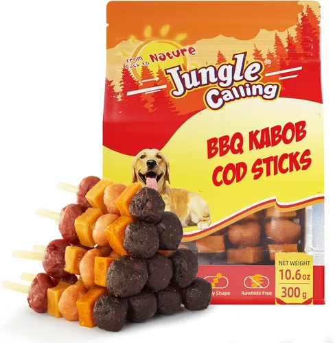 Jungle Calling Golosinas para perros, brocheta para perros con palo de bacalao, masticables sin cuero crudo, hechas con pollo, pato, carne de res,