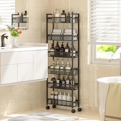 Miniatura 6 de ThreeHio Carrito de almacenamiento delgado de 6 niveles, carrito estrecho con ruedas, estantería móvil de metal para cocina, baño, lavandería, sala