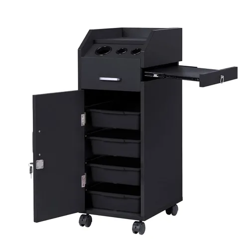 Winado Carrito de almacenamiento de peluquería con ruedas y 3 soportes para secador de pelo, 4 cajones y cerradura y 2 llaves, estación de Negro