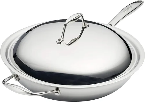 Tramontina Signature Wok de Acero Inoxidable Tri-Ply Clad de 12.5 Pulgadas con Tapa, Listo para Inducción, Apto para Lavavajillas, Certificado NSF,