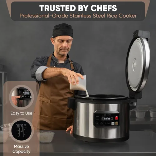 Miniatura 9 de Arrocera comercial grande multifunción - Arrocera profesional de 64 tazas cocidas (32 tazas sin cocinar) con olla antiadherente y tapa con bisagras