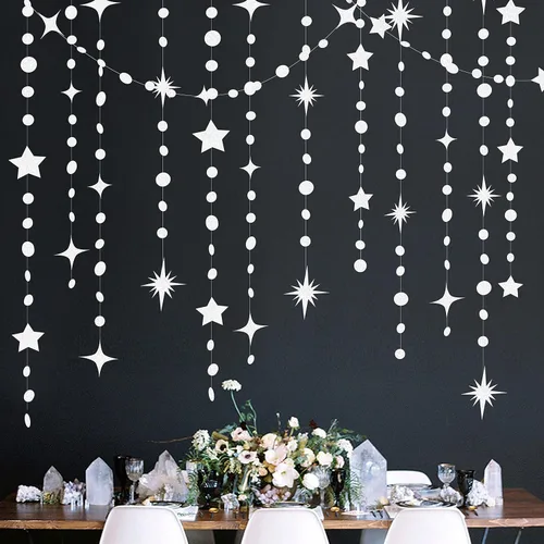 Miniatura 7 de Guirnalda de papel dorada para decoración de fiesta con estrellas, círculos y puntos, papel brillante, banderines, serpentinas metálicas