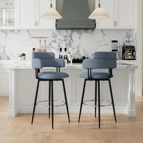 Juego de 2 taburetes de bar giratorios de altura de mostrador con respaldo completo ergonómico, taburetes de bar tapizados de tela de lino con Azul