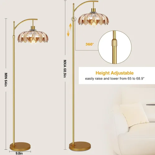 Miniatura 5 de AHDWDW Lámpara de pie de arco dorada para sala de estar con control remoto, lámparas de pie modernas regulables con pantalla de vidrio ámbar