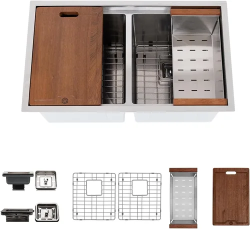 Miniatura 13 de Strictly Sinks - Fregadero de cocina dorado de 32 pulgadas, resistente a arañazos y manchas, rejilla inferior de doble tazón de calibre 16, tabla