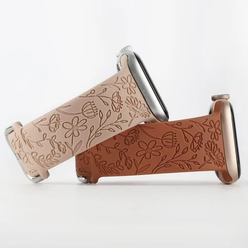 Miniatura 2 de Paquete de 2 correas deportivas grabadas con flores compatibles con correas de Apple Watch de 1.496 pulgadas, 1.575 pulgadas, 1.614 pulgadas, Nogal