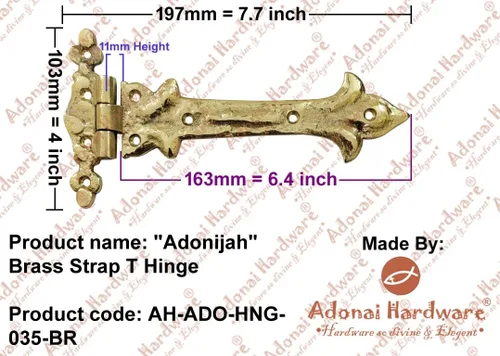 Adonai Hardware Adonijah - Bisagra en T de correa de latón (7.9 pulgadas x 2 unidades, lacada pulida) para puertas de granero, puertas, gabinetes de