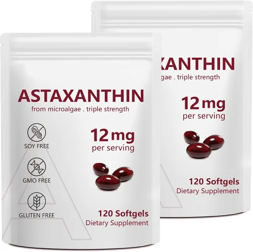 Paquete de 2 suplementos antioxidantes de astaxantina de 12 mg, premium con actividad antioxidante, apoya los ojos, el sistema inmunológico, las