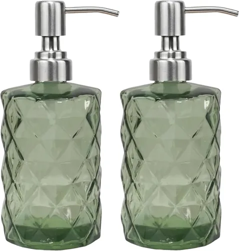 Miniatura 14 de Dispensador de jabón verde de 14 onzas para baño, paquete de 2, dispensadores de jabón de manos de vidrio transparente con bomba de acero