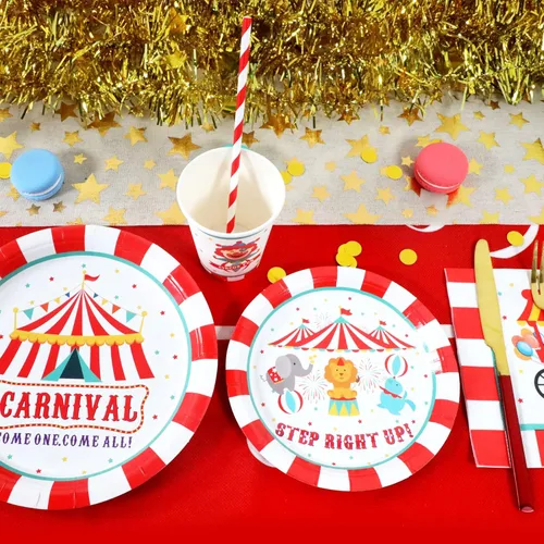 Miniatura 4 de Suministros de fiesta para Carnaval Decoraciones, juego de platos y servilletas de papel con temática de circo para cumpleaños con tazas y pajitas