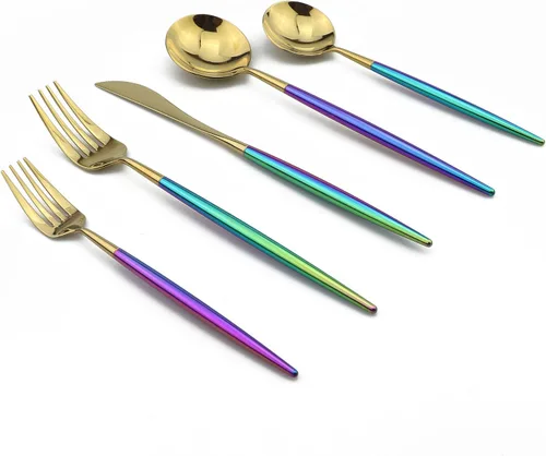 Miniatura 9 de Juego de cubiertos Coloful Rainbow Handle Silver de 5 piezas, espejo de acero inoxidable 18/10, servicio para 1 plateado
