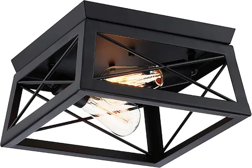 Miniatura 11 de 1 Light Black Industrial Flush Mount Ceiling Light Fixture - Square Farmhouse Caged Ceiling Light for Closet Kitchen Hallway Porch, E26, Dimmable