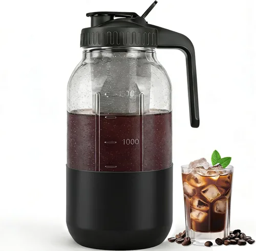 Miniatura 11 de Máquina de café de infusión fría, jarra de albañil de 64 onzas con filtro de acero inoxidable, tapa con pico para servir, de vidrio resistente