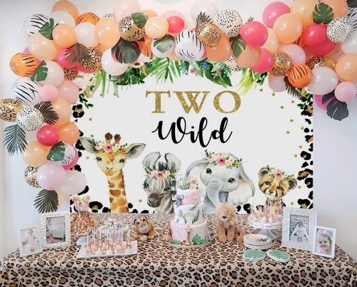 Miniatura 3 de Mocsicka Fondo de dos salvajes para niñas, safari en la selva, animales de 2º cumpleaños, decoración de fiesta de cumpleaños floral, fondo de fotos