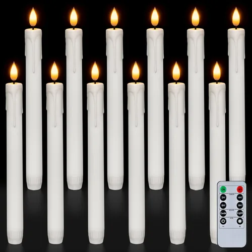 Miniatura 16 de Homemory 3 velas cónicas sin llama con temporizador remoto, velas blancas parpadeantes de 9.6 pulgadas, funciona con pilas, velas LED de plástico