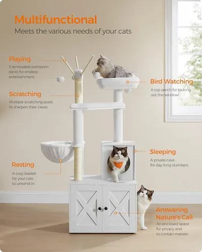 Miniatura 3 de Feandrea Árbol para gatos con caja de arena, torre moderna para gatos de 59 pulgadas, condominio 2 en 1 con postes rascadores, cojín extraíble
