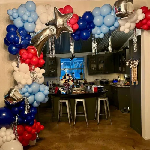 Miniatura 5 de Kit de arco de globos rojos, blancos y azules, globos de látex azul marino perla azul claro, rojo y blanco, guirnalda de globos de cumpleaños azul