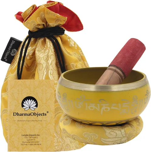 Miniatura 8 de DharmaObjects Mediano ~ Juego de cuencos cantantes Om ~ Con mazo, cojín de brocado y bolsa de transporte ~ Para meditación, curación de chakras