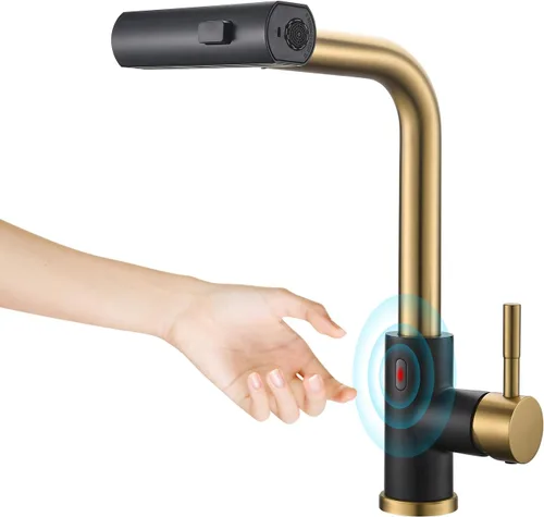 CENOSA Grifo de Cocina sin Contacto con Sensor de Movimiento Manos Libres de Una Sola Manija para Fregadero de Cocina con Rociador Desplegable Negro