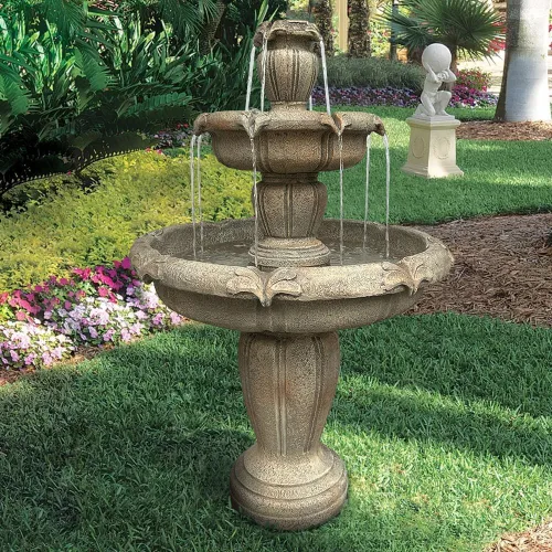 Miniatura 3 de Fuente de agua de piso al aire libre de 48" de alto, fuente de agua de hormigón de 3 niveles con bomba eléctrica sumergible - Cascada en cascada