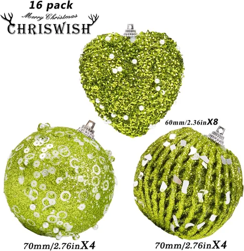 Miniatura 2 de 16 adornos de corazón verde y bolas de Navidad, decoraciones de bolas de Navidad, bolas de perlas colgantes de plástico inastillables para fiestas