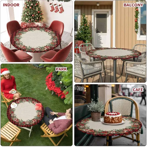 Miniatura 8 de Mantel ajustado redondo de Navidad con Poinsettia, mantel de lino retro de Navidad impermeable para mesa circular, mantel circular elástico de Rojo