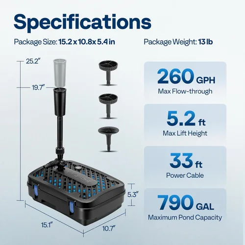 Miniatura 7 de VIVOHOME Kits de Sistema de Fuente de Filtro de Estanque Todo en Uno, Bomba de Agua Sumergible de 260 GPH para Estanques de hasta 790 Galones
