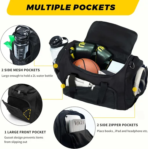 Miniatura 3 de Vorspack Bolsa deportiva de lona Bolsa de gimnasio de 2124 pulgadas para mujeres y hombres, bolsa de lona ligera con botella de agua, Negro