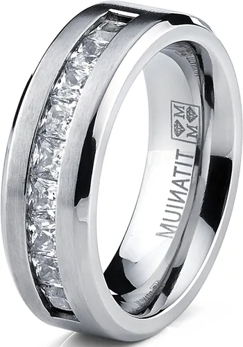 Miniatura 3 de Metal Masters Co. Anillo de compromiso para hombre de titanio con 9 circonitas cúbicas grandes de corte princesa