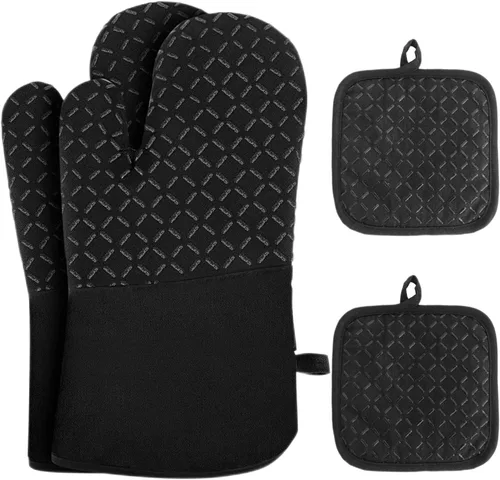 4 piezas guantes de horno y soportes para ollas, guantes de horno resistentes al calor alto 500°F, guantes largos para horno con relleno de algodón