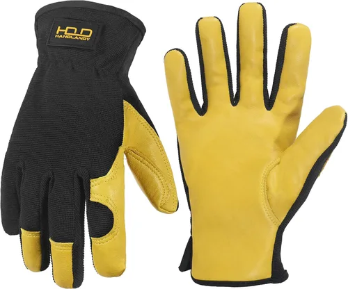 Miniatura 16 de HANDLANDY Guantes de jardinería de cuero para hombre, guantes de trabajo utilitarios para mecánicos, construcción, conductor 3 pares amarillo