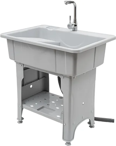 Miniatura 20 de Fregadero de plástico independiente con tabla de lavadero, lavabo para lavandería, lavabo con grifo caliente y frío para garaje, sótano, jardín