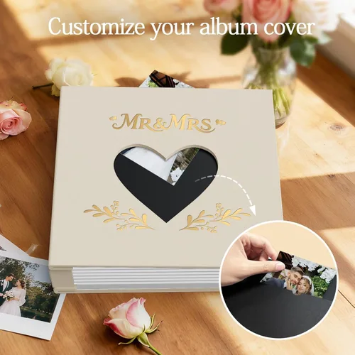 Miniatura 3 de Wedding Photo Album 4x6 with 400 Pockets, Custom Engraved Beige Leather Memory Book for Engagement, Bridal Shower & Keepsake Gift, Beige Leather