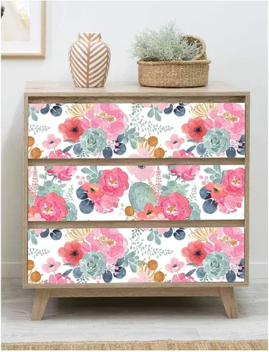 Miniatura 3 de Papel tapiz autoadhesivo para despegar y pegar, diseño de cactus floral, color rosa, azul marino, vinilo autoadhesivo para niñas, mujeres