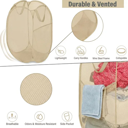 Miniatura 7 de BATTOO Cesta de lavandería desplegable de malla fuerte de lujo con bolsillo lateral para lavandería, baño, habitación de los niños, dormitorio Beige