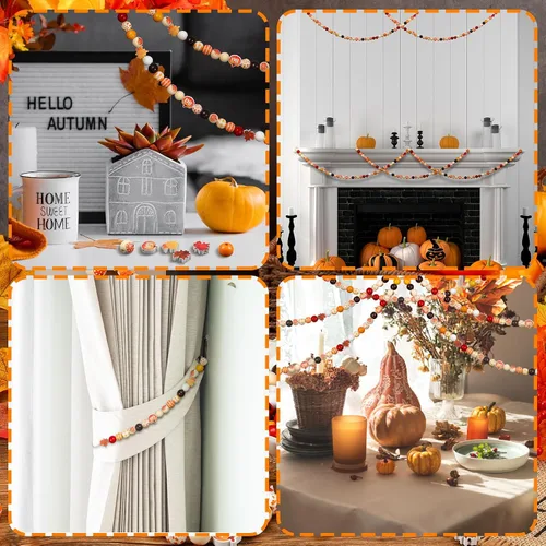 Miniatura 7 de Ripeng 200 cuentas de madera de Acción de Gracias, naranja, cuentas de calabaza, hoja de arce, gnomo, a cuadros, coloridas y redondas para cosecha