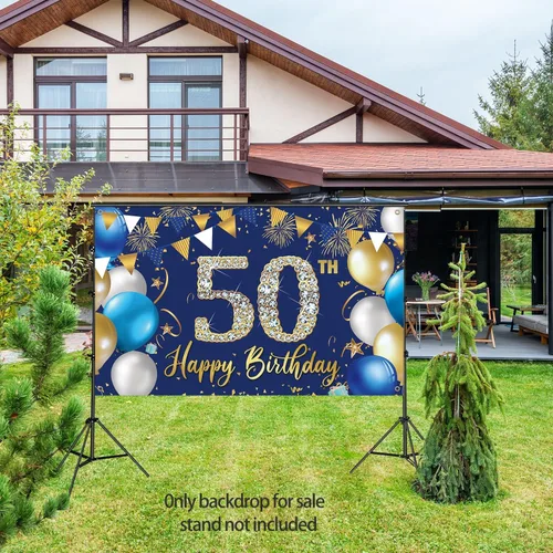 Miniatura 4 de Telón de fondo de decoración de cumpleaños 50 para hombres, decoraciones de feliz cumpleaños 50 para hombres, fondo azul para fotografía