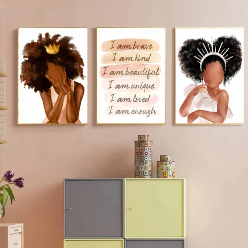Miniatura 3 de LLOSEUP Arte de pared de reina negra, corona de princesa afroamericana, con citas de corazón arco iris, arte de pared, póster escandinavo