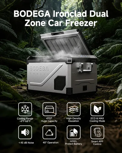 Miniatura 2 de BODEGA Refrigerador portátil de 12 V, refrigerador de acero inoxidable de 47 cuartos de galón con divisor extraíble para modos MAX/ECO de doble zona