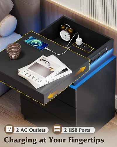 Miniatura 5 de WLIVE Mesita de noche con estación de carga y luces LED, moderna mesita de noche con 3 cajones y parte superior deslizante, mesa auxiliar con Negro