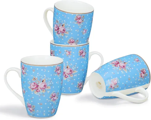fanquare Juego de 4 tazas de café de 12 onzas para mujer, juego de tazas de café de porcelana floral, tazas de café grandes de cerámica azul para