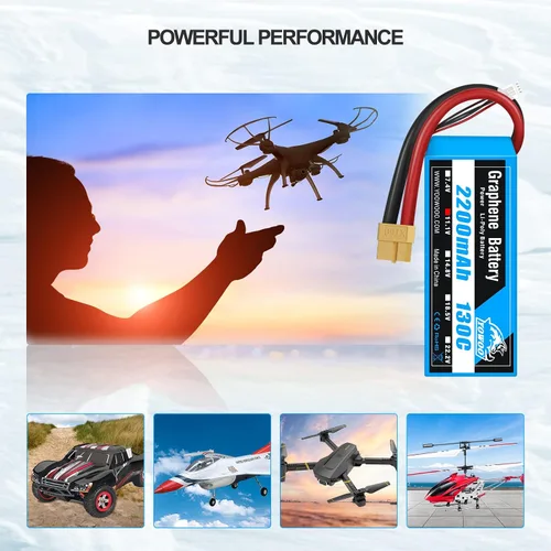 Miniatura 6 de Yowoo - Paquete de 2 baterías Lipo 3S de 2200 mAh 11.1 V 130C Graphene Lipo con enchufe XT60 para E flite Valiant Parkzone E4F Wildcat Great Planes
